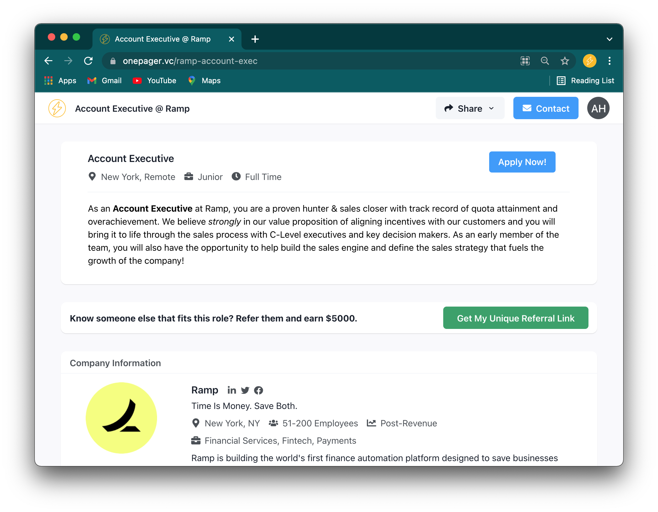Example recruiting OnePager for a role at Ramp